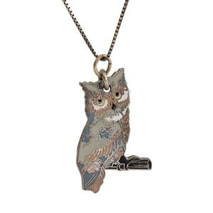 MAFCO Owl Pendant Necklace Vintage Enamel Nature Boho Jewelry Gray‎ Blue